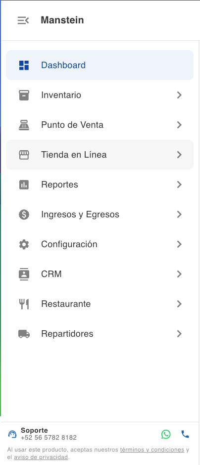 Manstein POS — Panel de control con Dashboard, Inventario, Punto de Venta, Tienda en Línea, Reportes, Ingresos y Egresos, Configuración, CRM, Restaurante y Repartidores